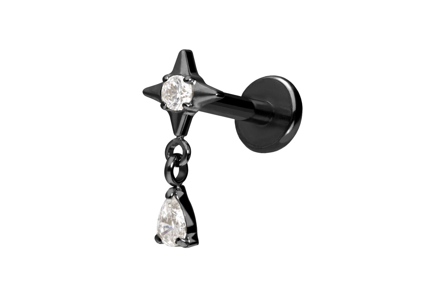 Titan Labret Piercing mit Push Fit STERN + KRISTALLTROPFEN